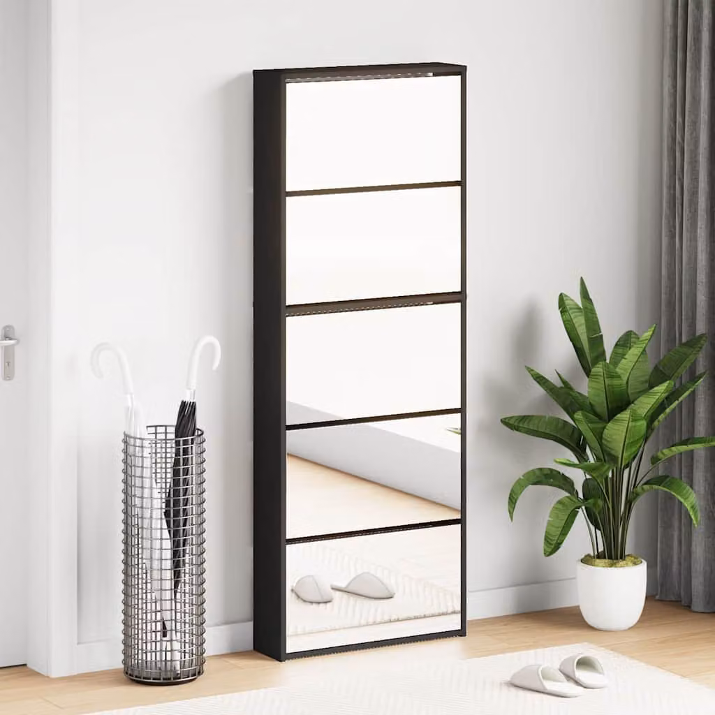 Scarpiera moderna vidaXL con specchio e vani a ribalta nera L: 63 cm, P: 17 cm, H: 169,5 cm – 1