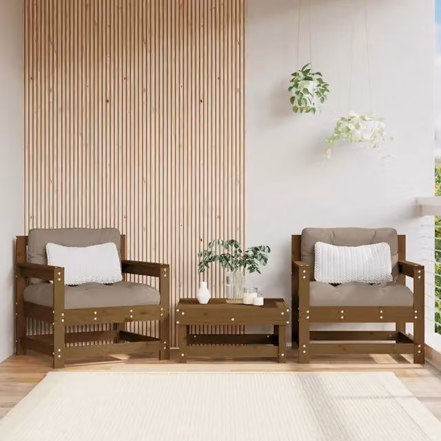 Set di 2 sedie da giardino vidaXL in legno di pino massello marrone con cuscini beige e braccioli