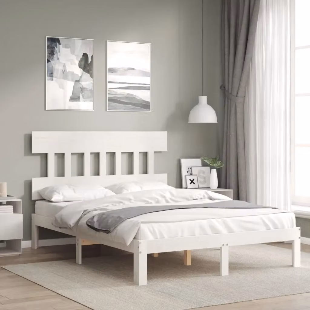 Letto matrimoniale Small Double in legno massello di pino bianco con testiera e doghe fisse L/P/H: 123.5 x 126 x 193.5 cm – 2