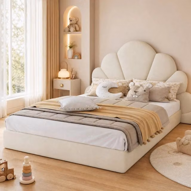 Letto matrimoniale imbottito Mivray in velluto beige con testiera a petali e rete a doghe L/P/H: 140 x 200 x 103 cm