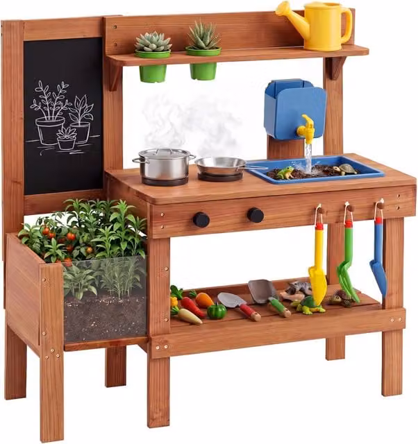 Cucina giocattolo in legno marrone con accessori per bambini, cucina da fango interattiva per lo sviluppo sensoriale e creativo, L: 96 cm, P: 37 cm, H: 94 cm – 1