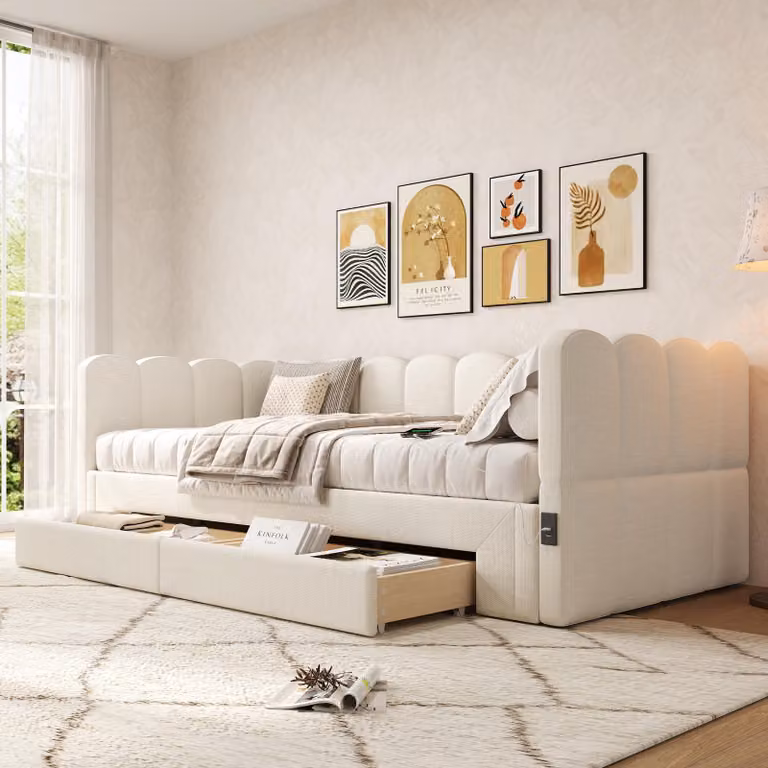 MODFU Letto imbottito Daybed 90x200. Divano letto con letto estraibile 180x200. Cassetti contenitori. Porte USB e Type-C. Ideale per la stanza degli ospiti. Colore: beige. Tessuto: lino. Senza materasso