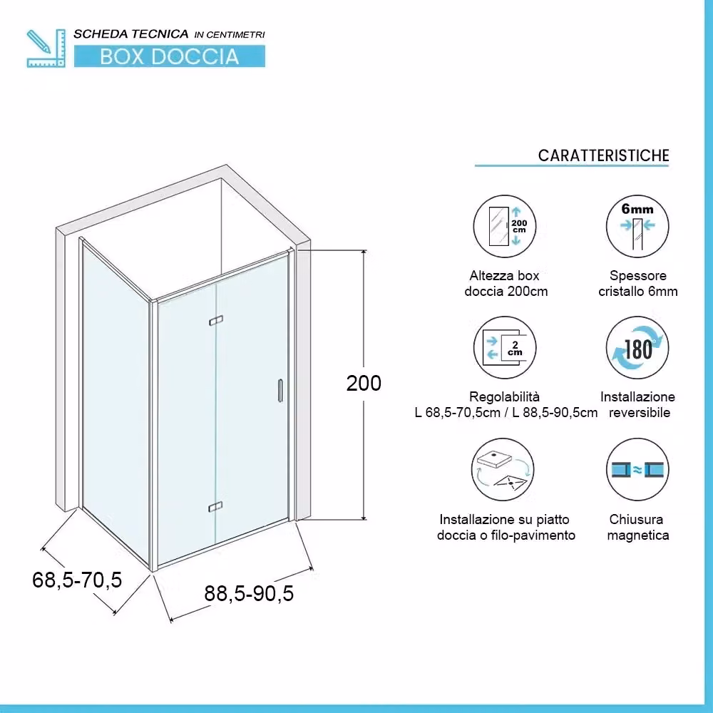 Box doccia d'angolo Ted con porta a soffietto serigrafata, trasparente e argento, H 200 cm x L 70 cm x P 90 cm – 2