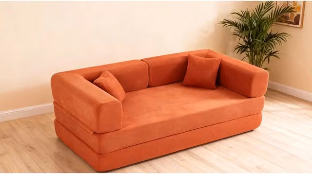 Divano letto in velluto - Xylo - Con cuscino cilindrico, rosso arancio