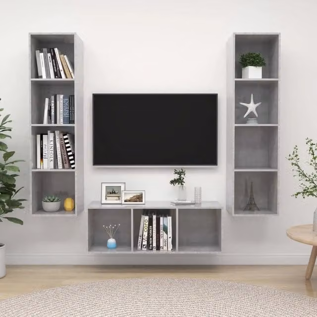 Set di mobili TV moderno vidaXL in legno multistrato grigio, composto da 3 pezzi da appendere alla parete