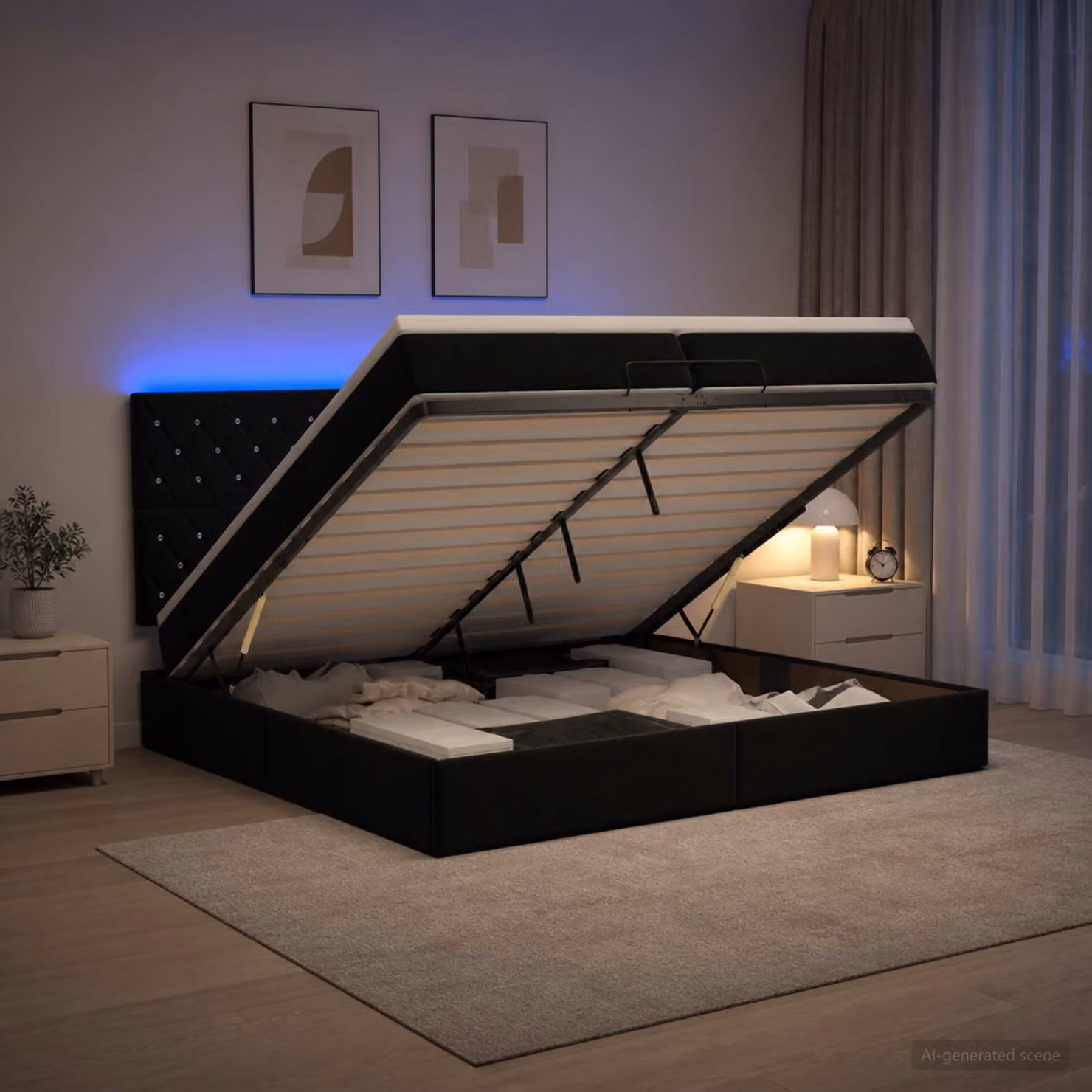 vidaXL Letto Ottomano con Materasso e LED Nero 200 x 200 cm Velluto