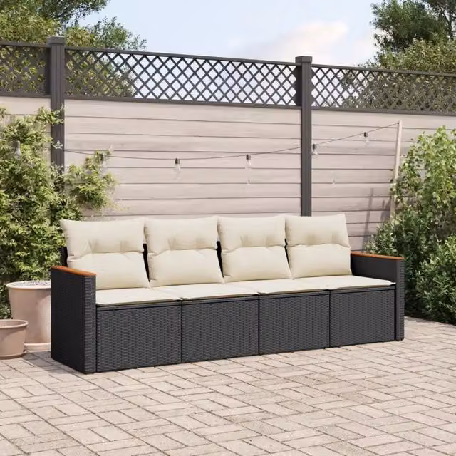 Set da giardino vidaXL composto da 4 pezzi con cuscini, divano da 3 posti, divano da 2 posti, poltrone e struttura in metallo nero e bianco con rivestimento in rattan resistente ai raggi UV