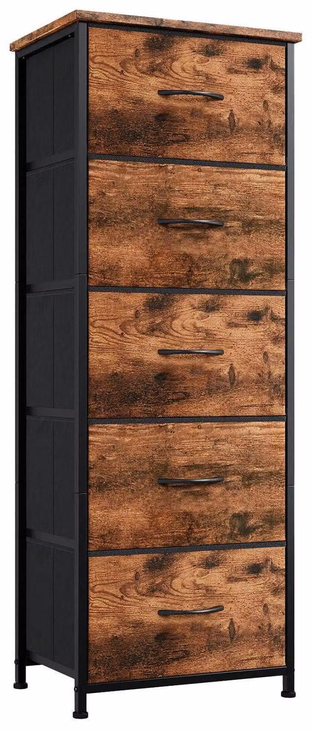 Comodino in tessuto con 5 cassetti, dimensioni 30x42x114,5 cm, finitura effetto legno
