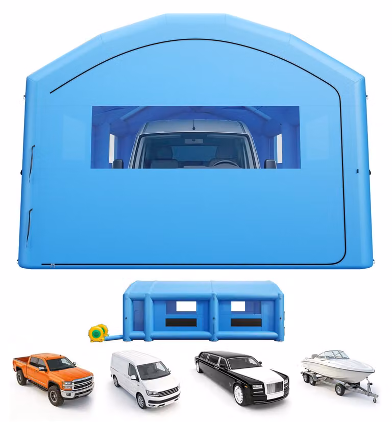 Cabina di verniciatura gonfiabile, tenda per verniciatura - cabina di verniciatura 10 x 6 x 4 m - Dotata di ventilatori da 950 W e 1100 W - Con sistema di filtraggio - Con area spogliatoio - Adatta per auto e pick-up - Portatile, colore blu
