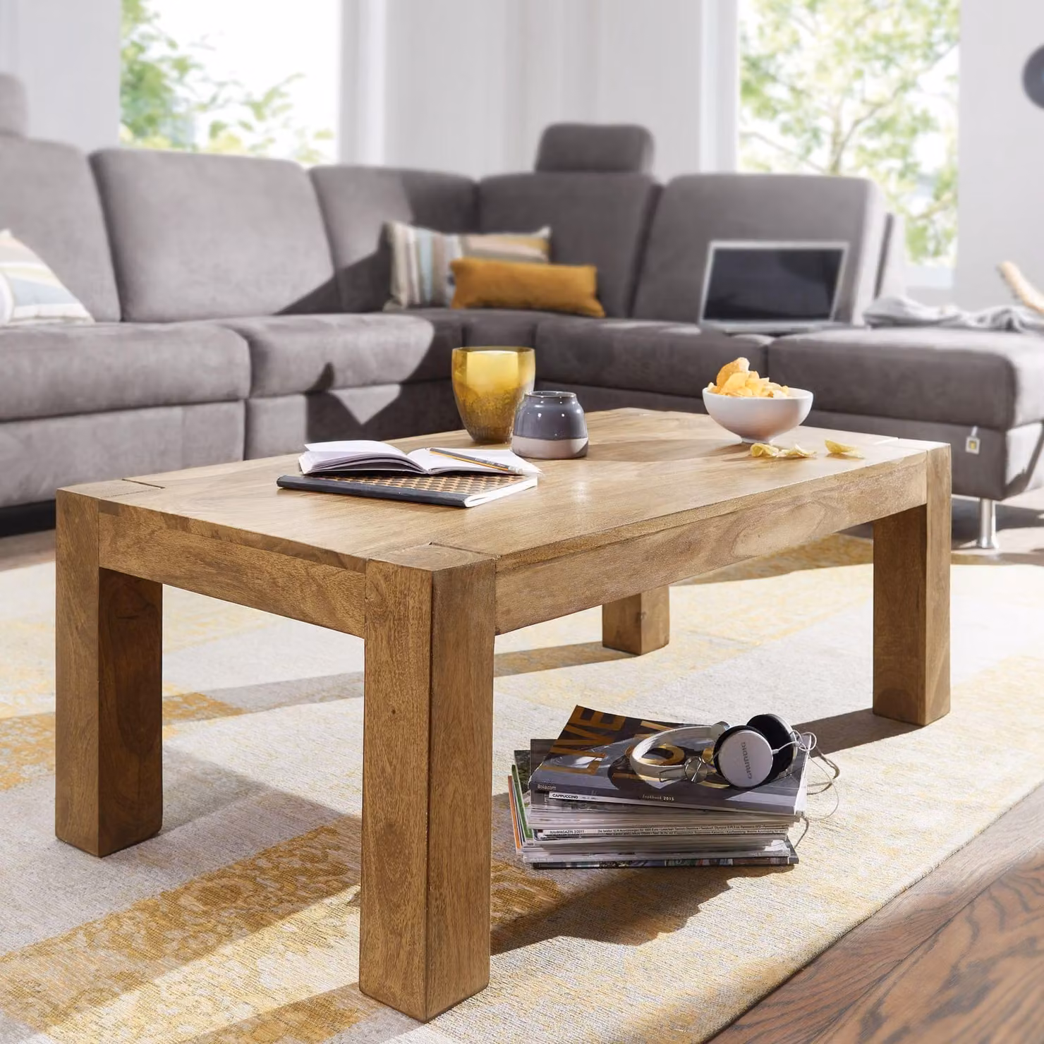 FineBuy Tavolino da caffè in legno massiccio di acacia 110cm - Tavolo da soggiorno rettangolare in vero legno - Tavolo da divano fatto a mano dal design rustico
