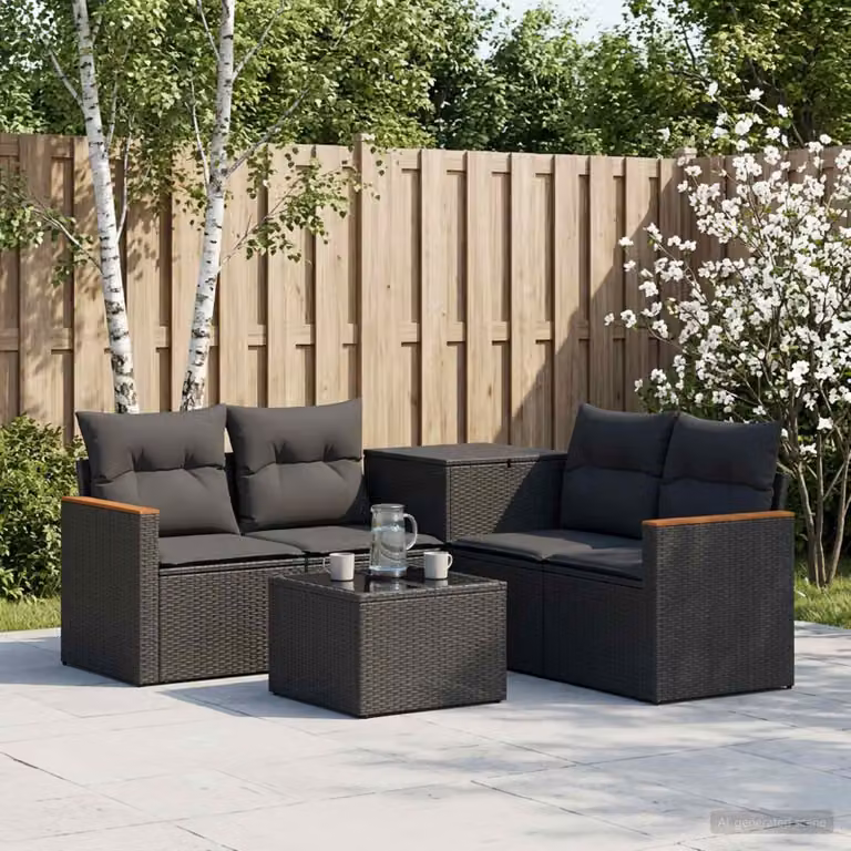 Set di divani da giardino vidaXL a forma di L composto da 6 pezzi con tavolino da caffè, in rattan sintetico e metallo, colore nero e grigio