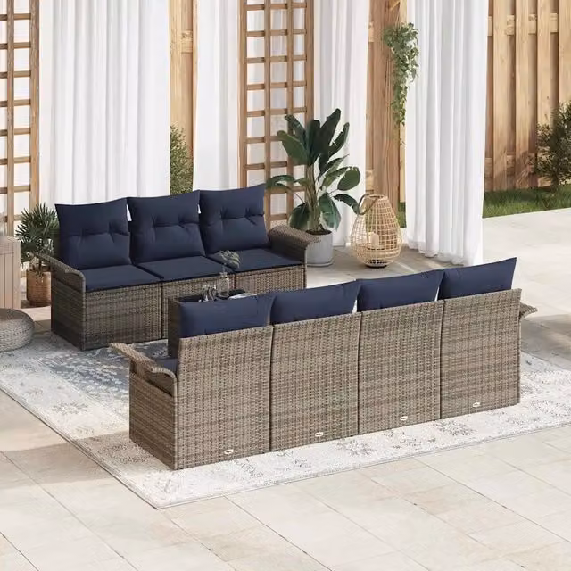 Set Divano da Giardino 8 pz Grigio e Blu Navy polyrattan 3353944