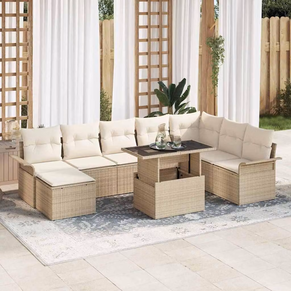 Maison Exclusive - Set di divani da salotto, 9 pezzi, color beige, in rattan sintetico
