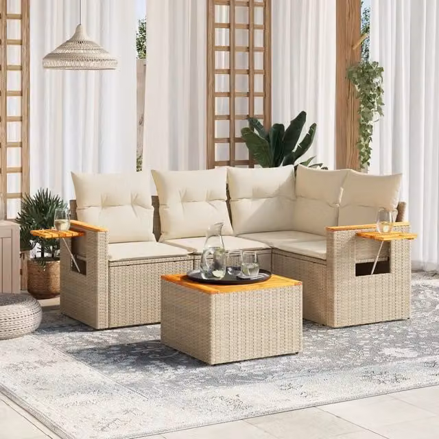 Set Divano da Giardino 5 pz vidaXL in Polyrattan Beige con Cuscini e Tavolino da Esterno