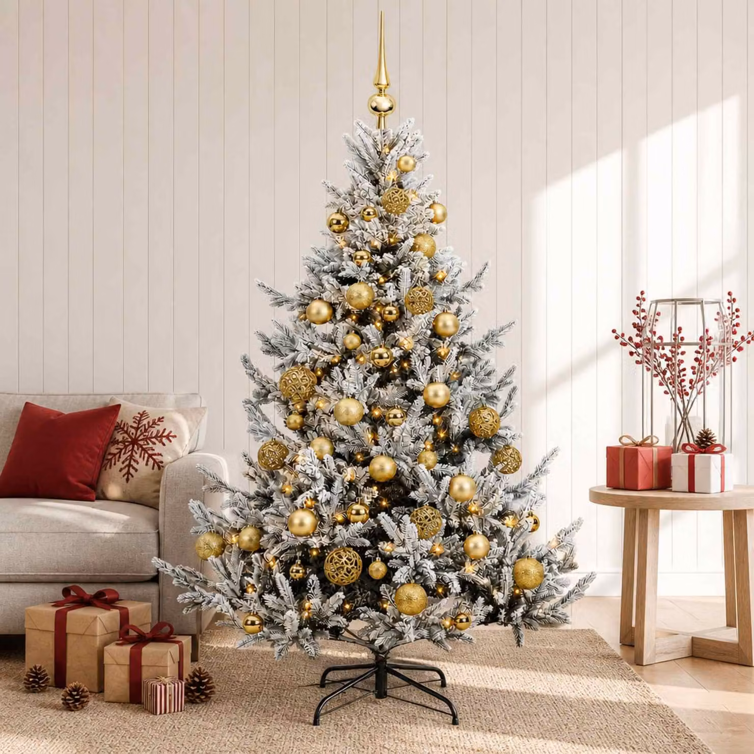 Albero di Natale artificiale moderno vidaXL verde con 150 LED bianco caldo e decorazioni con palline bianche, Altezza: 150 cm