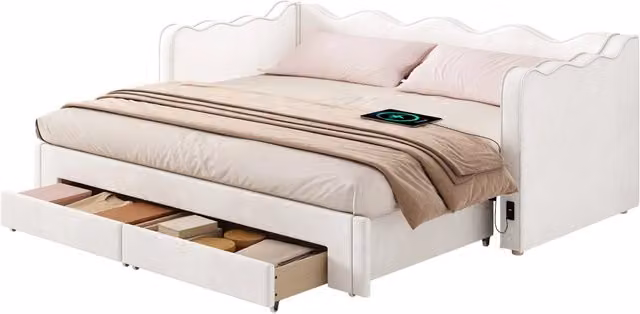 Daybed estraibile 90x200 cm in velluto beige, letto imbottito trasformabile in 180x200 cm con 2 cassetti e prese USB e Tipo-C