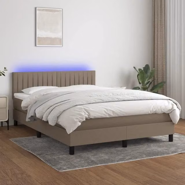 Letto a Molle con Materasso e Illuminazione LED vidaXL in Tessuto Beige L: 140 cm, P: 200 cm, H: 88 cm