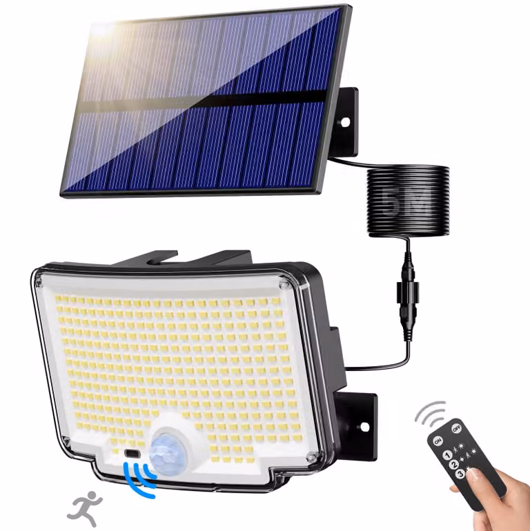 Faretto solare con 318 LED, angolo di illuminazione di 270°, sensore di movimento, grado di protezione IP65, telecomando