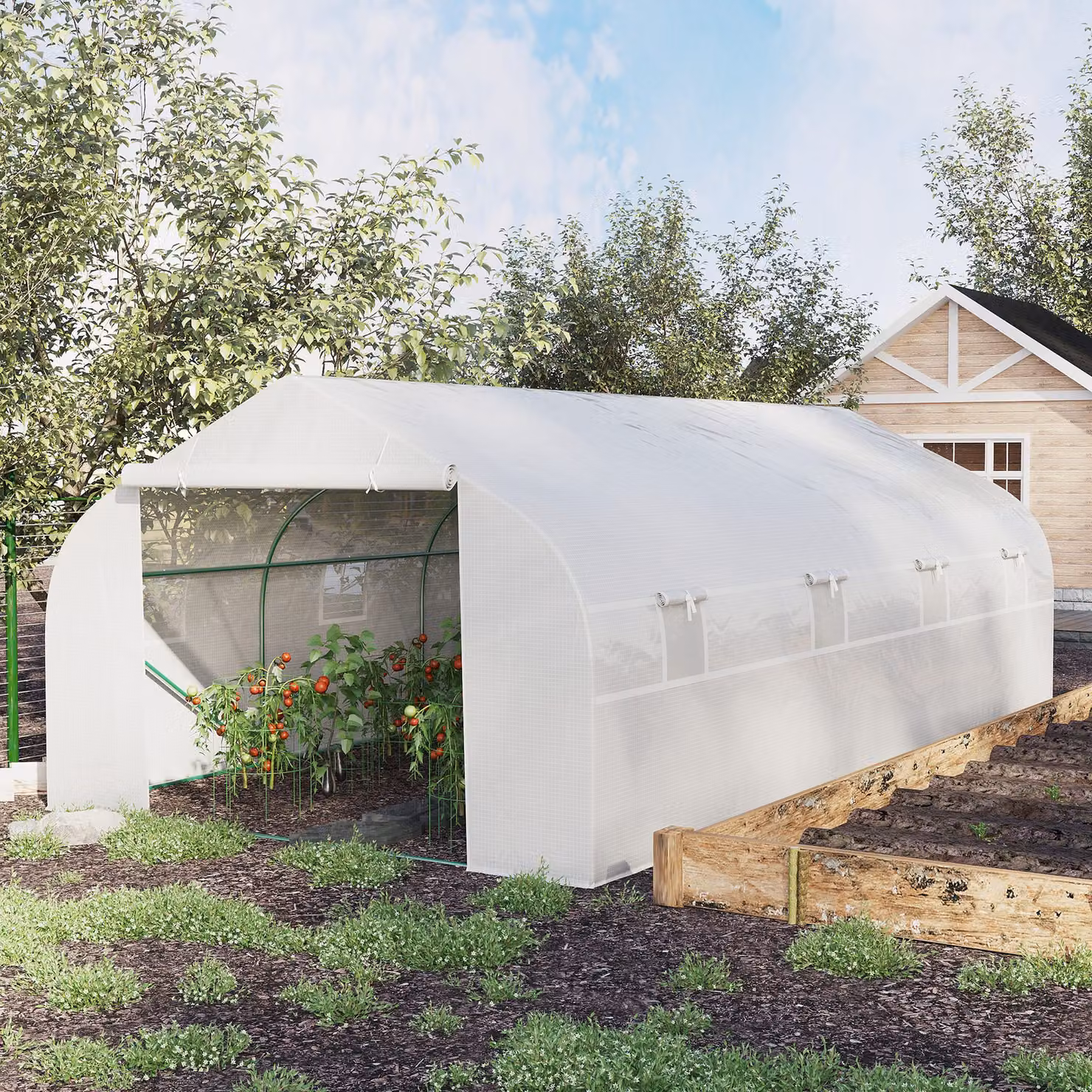 Serra da giardino Outsunny in acciaio e PP bianco con 8 finestre e porta avvolgibile, protezione anti-UV, L: 600 cm, P: 300 cm, H: 200 cm – 2
