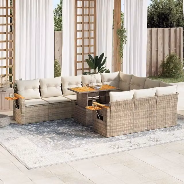 Set di Divani da Giardino vidaXL in Polyrattan e Legno di Acacia con Cuscini Beige e Bianchi, 11 Pezzi – 1