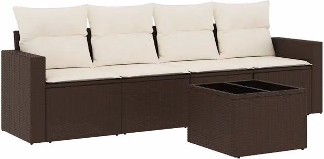 Set Divano da Giardino 5 Pezzi L-Shape con Cuscini e Tavolino in Polyrattan Marrone e Bianco con Struttura in Acciaio Verniciato a Polvere – 1