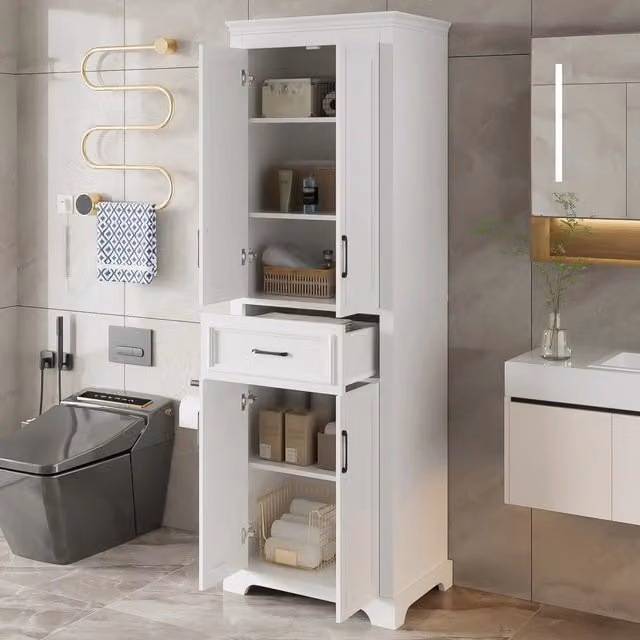 Armadietto da bagno con 2 ante, 1 cassetto e ripiani regolabili, per bagno, in MDF bianco, 60 × 40 × 180 cm