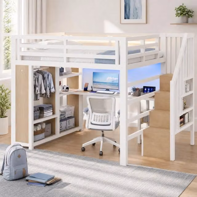 Letto a soppalco 140 × 200 cm 2 posti con scrivania, armadio aperto, LED e USB, senza materasso, metallo bianco