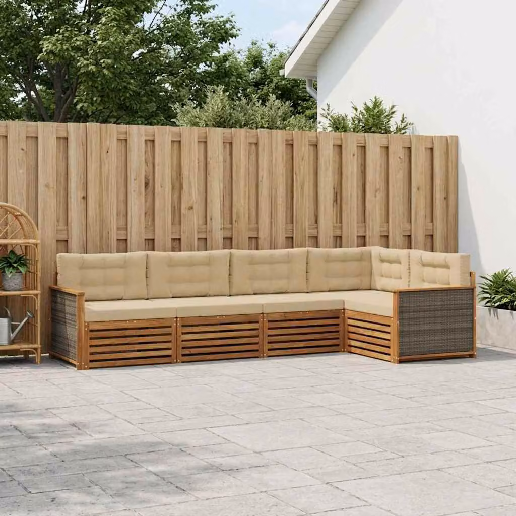 Set di divani da esterno vidaXL a forma di L in legno di acacia con cuscini, Beige e Marrone