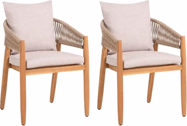 Set da giardino composto da 2 sedie con cuscini, in legno di acacia a doghe, grigio chiaro stile moderno contemporaneo