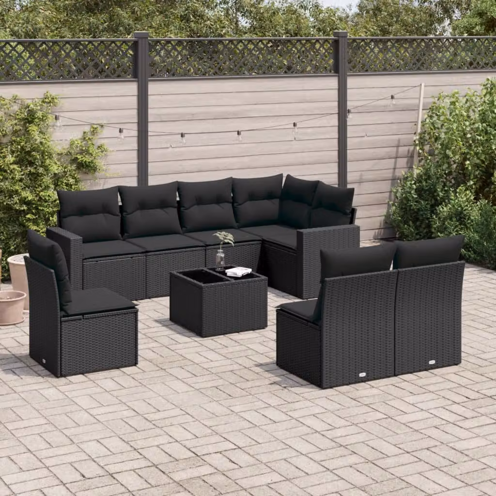 vidaXL Set Divani da Giardino a L 9 pz in Polyrattan Nero con Cuscini e Tavolino da Esterno – 1