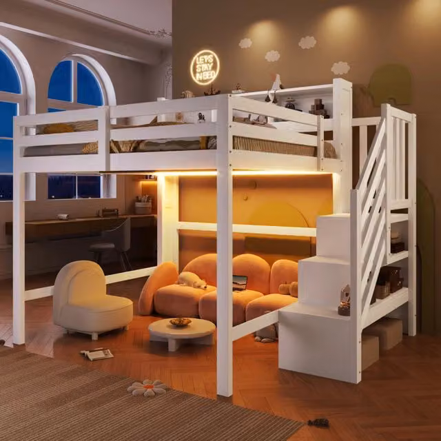 Letto castello 140x200 LED stivaggio scala vano bianco