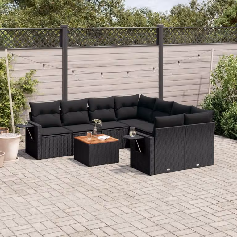 Set di mobili da giardino moderno in legno di acacia oliato e rattan nero con struttura in metallo