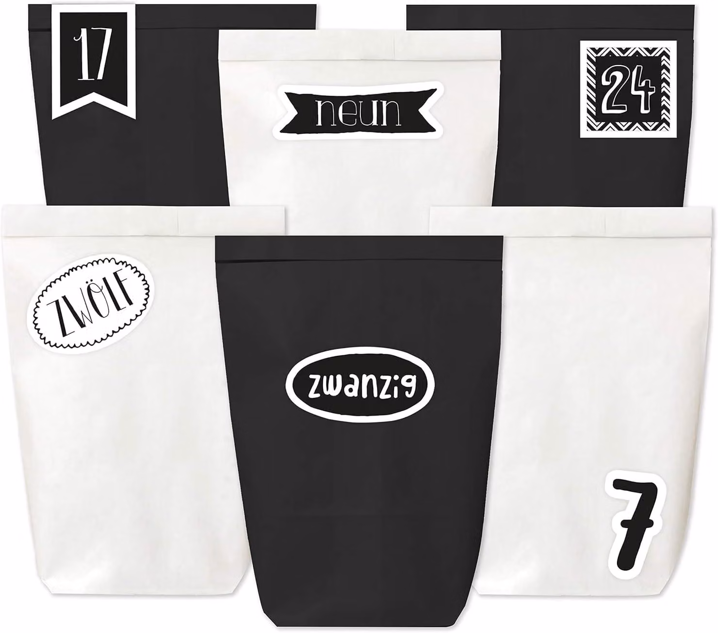 Calendario dell'Avvento da riempire: 24 sacchetti di carta in bianco e nero e 24 adesivi con numeri (silhouette). Da assemblare e riempire personalmente