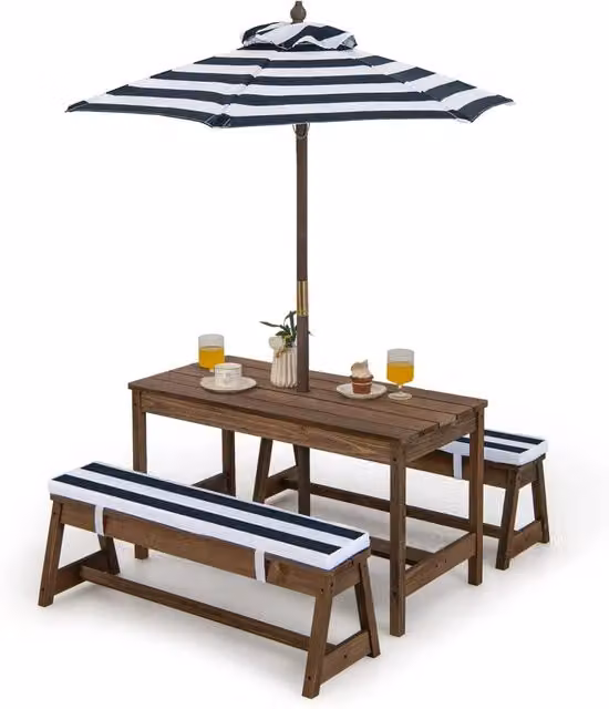 Costway Set Tavolo e Panca da Picnic per Bambini in Legno di Abete con Ombrello e Cuscini, Blu e Marrone