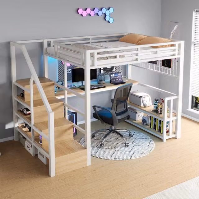 Letto a soppalco a 2 posti per bambini 140 × 200 cm, scrivania, ripiani, LED, USB e Type-C, senza materasso, bianco