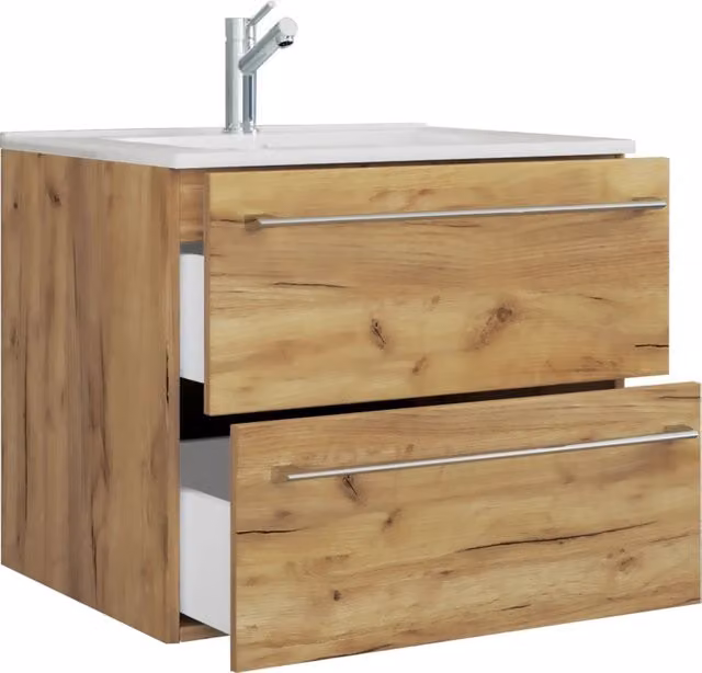 Completo di Ezooza Set Bagno 2 Pezzi Mobile Large con 2 cassetti e Lavabo sospesi , Rovere miele ,