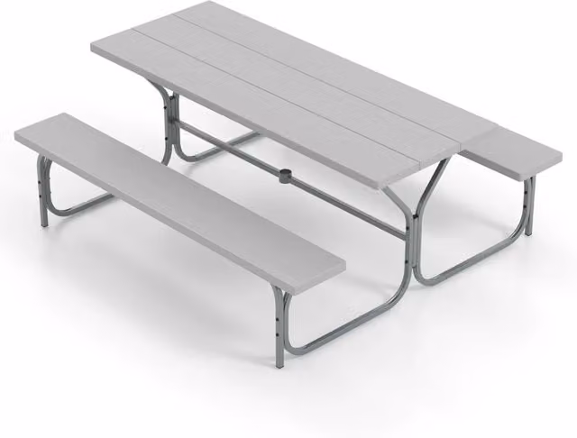 Tavolo da picnic con 2 panche da 183cm, Tavolo da pranzo con telaio in metallo piano in HDPE foro per ombrellone Grigio