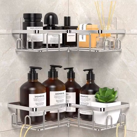 Set di organizer per il bagno in acciaio inossidabile con potente sistema di chiusura adesivo