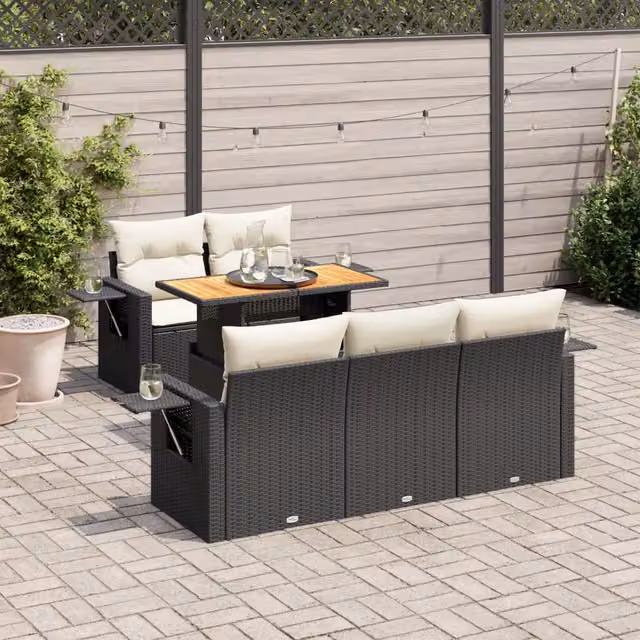 Set Divano da Giardino 6 pz con Cuscini Nero in Polyrattan 3327101