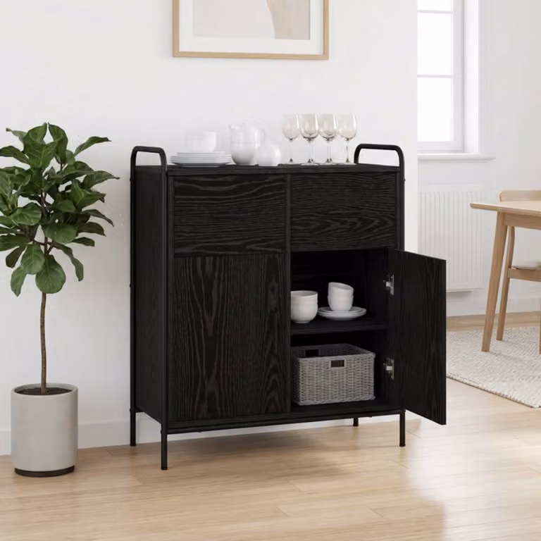 Credenza moderna vidaXL in legno ingegnerizzato e metallo, colore nero, L 97 x P 33 x H 81 cm
