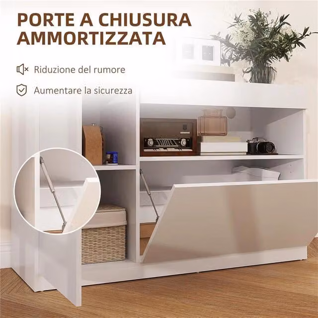 CREDENZA MODERNA BASSA CON ANTE AMMORTIZZATE E APERTURA A PRESSIONE RIPIANI REGOLABILI BIANCO