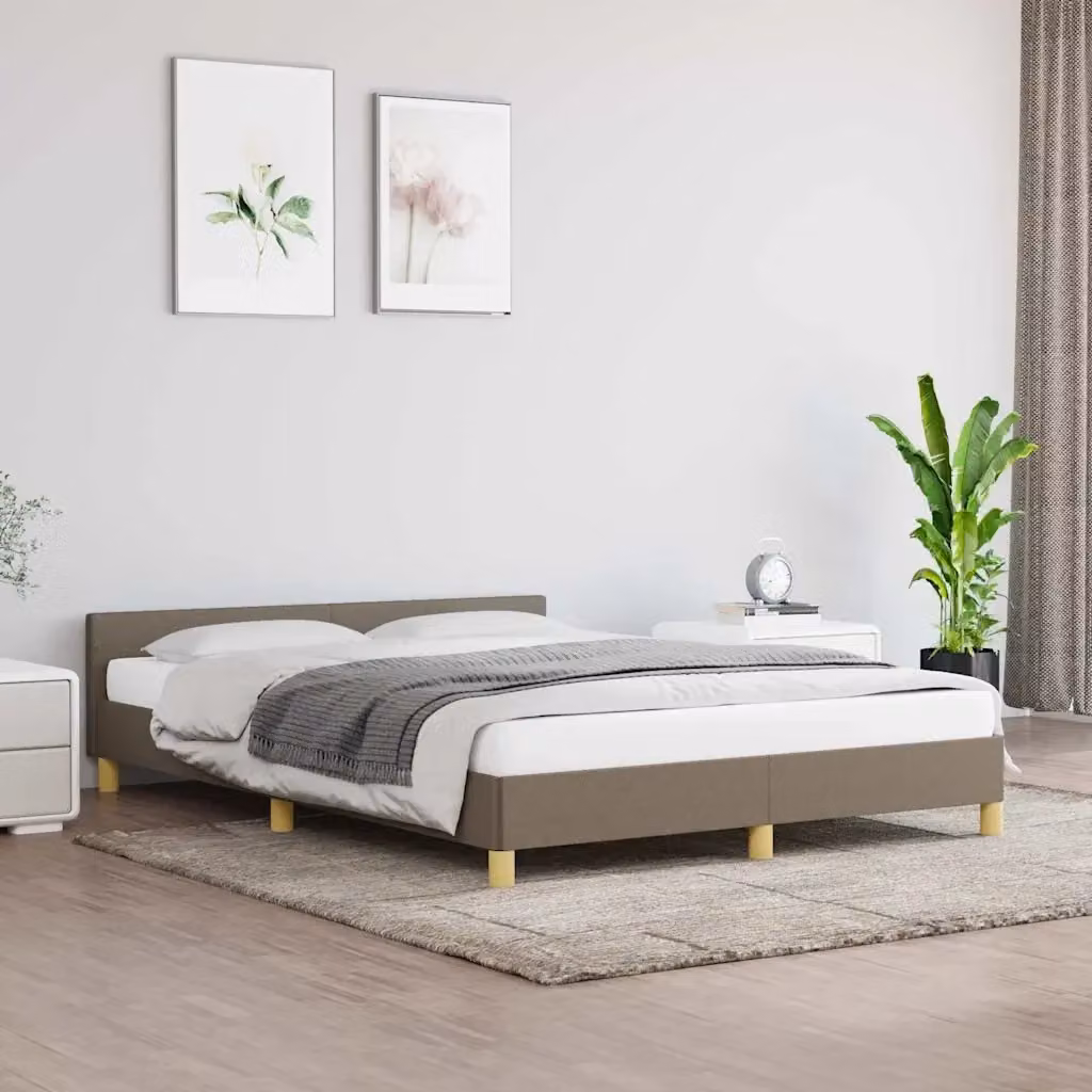 Letto matrimoniale imbottito in tessuto beige con struttura in legno e doghe, L/P/H: 140 x 200 x 50 cm – 2