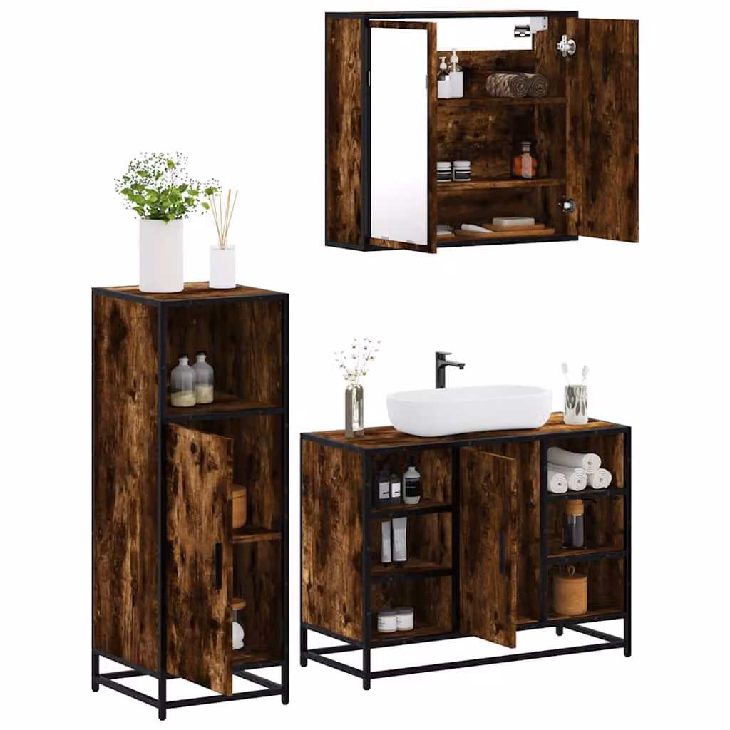 Set di mobili da bagno industrial vidaXL in legno e metallo color rovere fumo, composto da 3 pezzi con armadietto specchio, mobile lavabo e mobile laterale, L/P/H: 80 x 33 x 60 cm