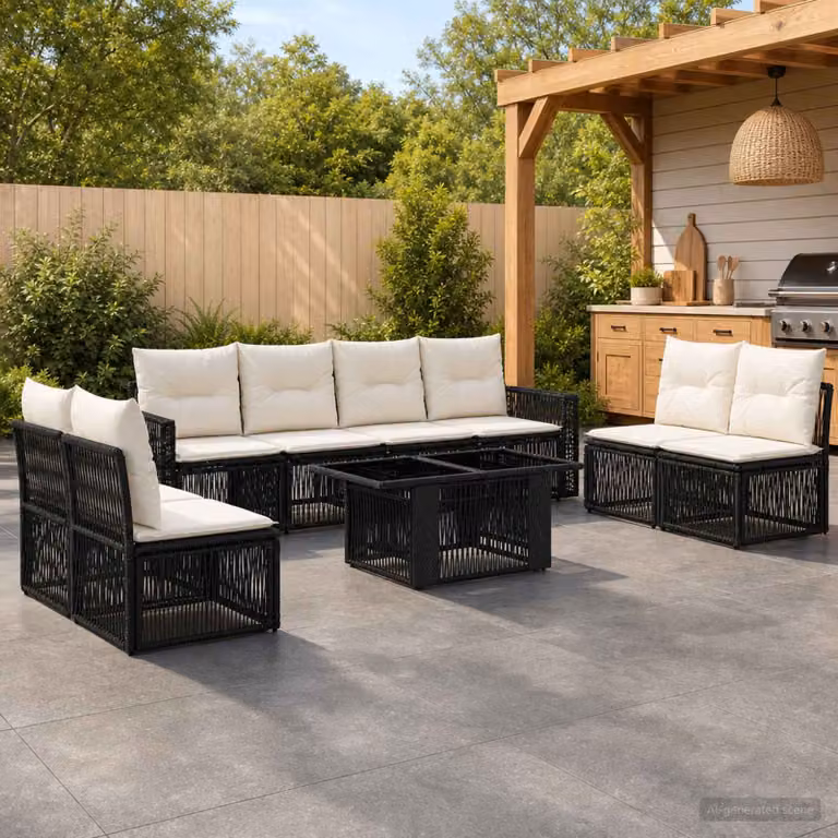 Set Divano da Giardino vidaXL 9 pz in Polyrattan Nero e Bianco con Cuscini e Tavolino da Esterno