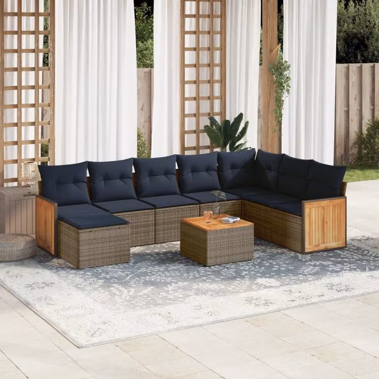 Set di divani da giardino vidaXL in polyrattan 9 pezzi con cuscini grigi e blu, design moderno a L con tavolino e pouf