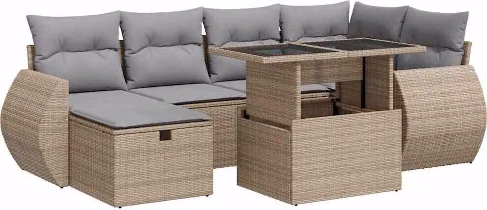 Set Divani da Giardino 7 pz con Cuscini Beige in Polyrattan