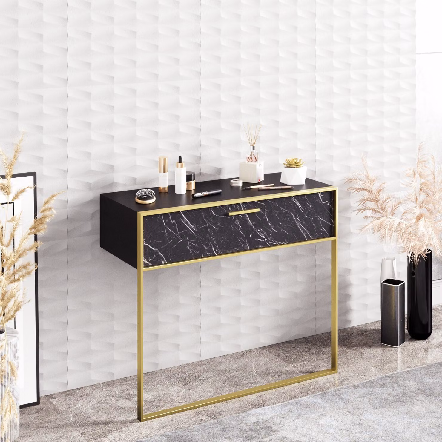 Skye Decor, Polka - Nero, credenza, oro, PANNELLI RIVESTITI AL MELAMINO 100 %, 90 x 38,5 x 76,8 cm