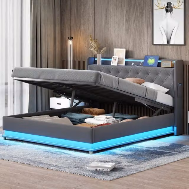 Letto matrimoniale 160 × 200 cm con vano idraulico, LED multicolore e porta USB, senza materasso, lino grigio