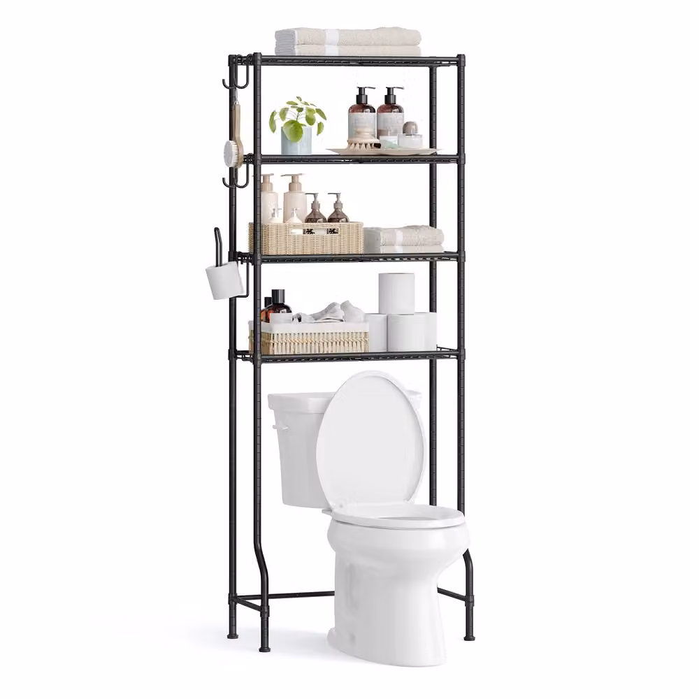 Scaffale sopra WC in Metallo con Ripiani Regolabili Ganci e Portaroloto, Nero