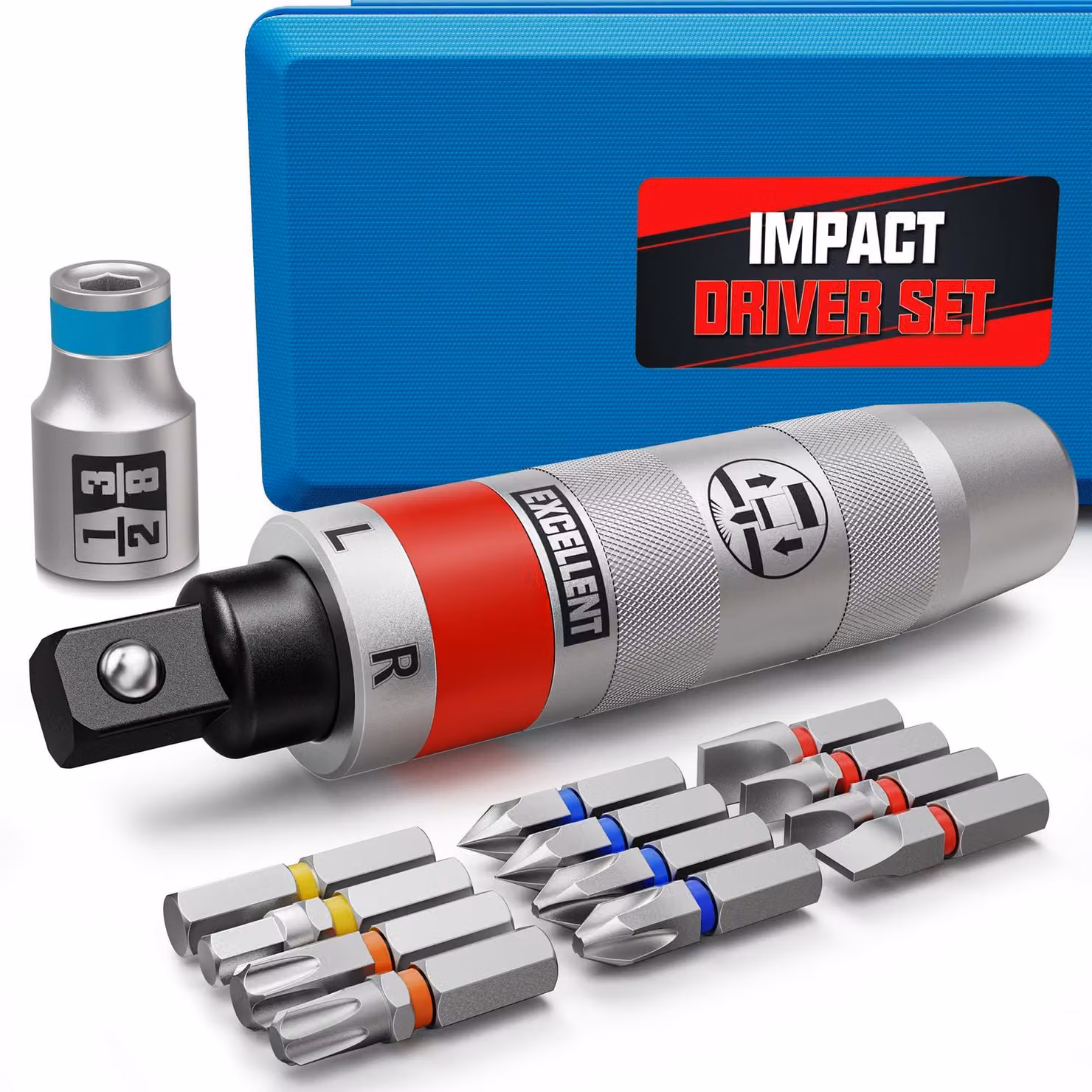Set di punte per trapano a percussione da 1/2", composto da 13 pezzi, reversibile, ideale per lavori di bricolage e riparazioni domestiche